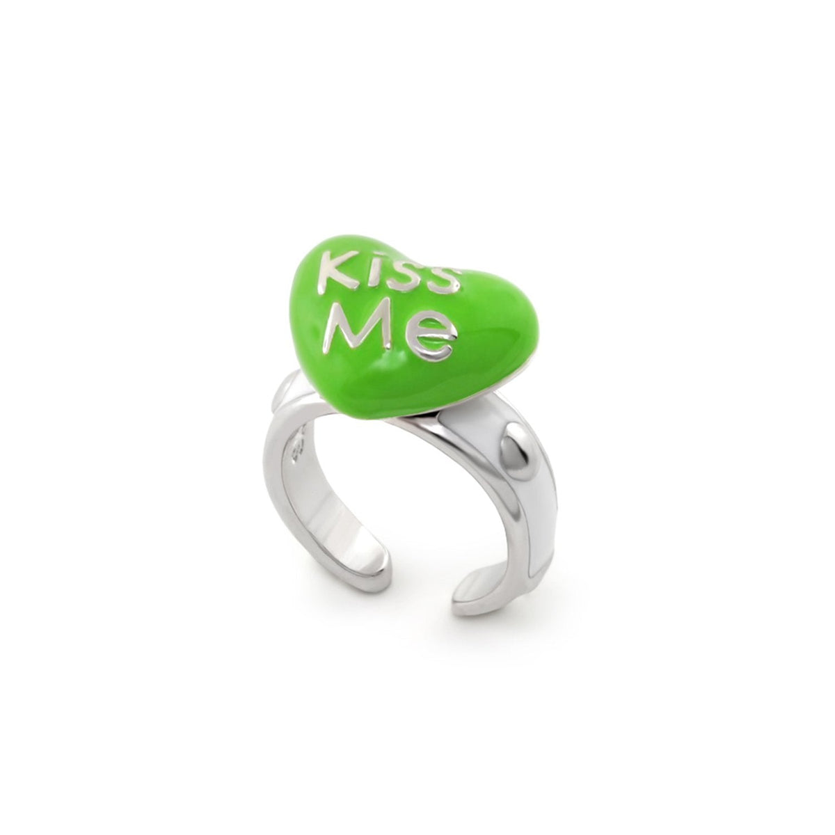 Kiss Me ring by Lauren G Adams; bright green heart and silver band, girl's ring on Tampa Home & Garden Store