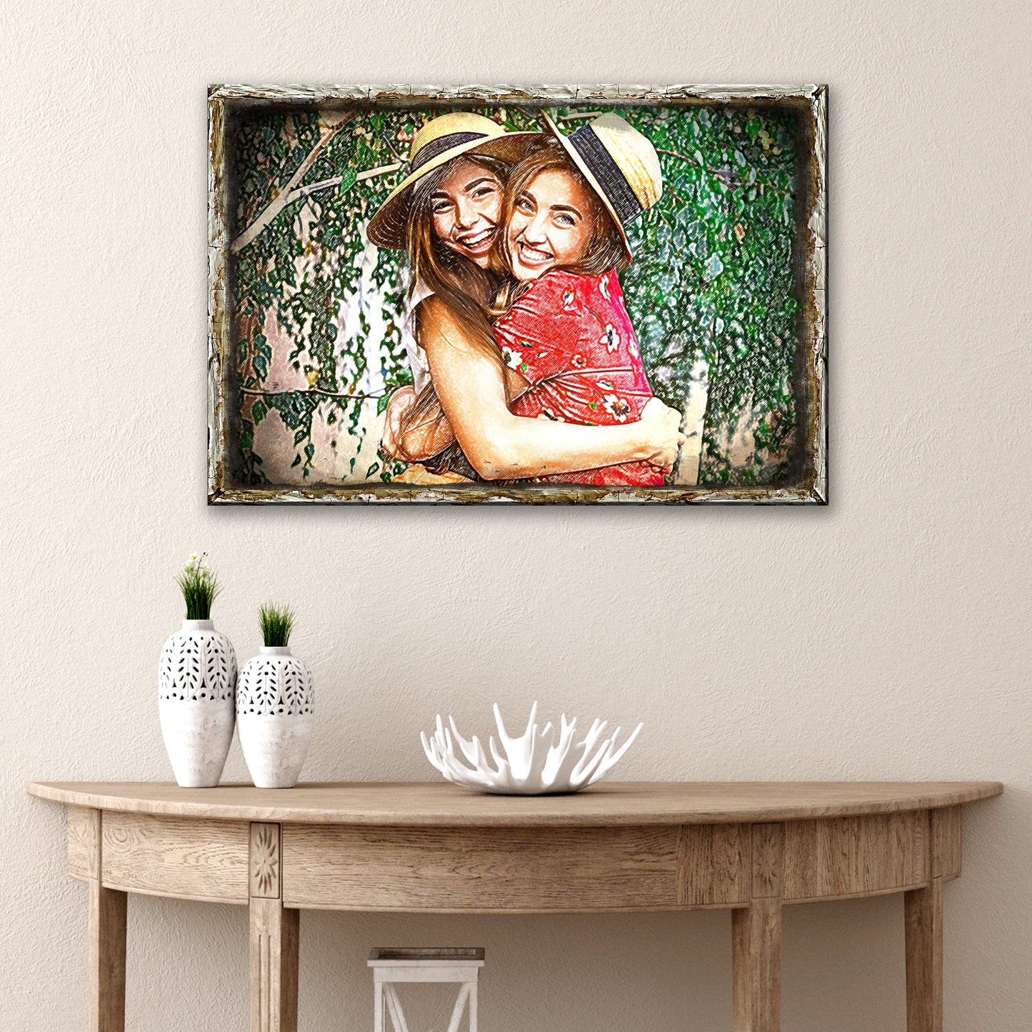 Portrait Minimalist Sign canvas by Tailored Canvases, two women in sunhats embrace on Tampa Home & Garden Store