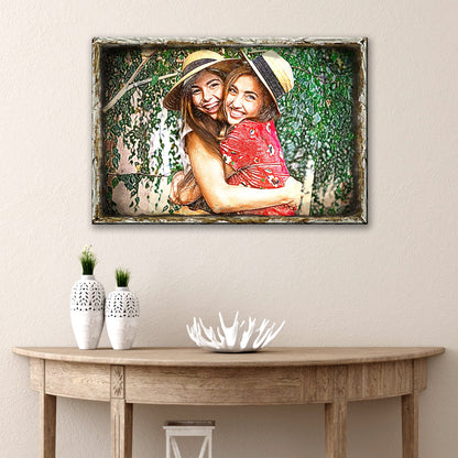 Portrait Minimalist Sign canvas by Tailored Canvases, two women in sunhats embrace on Tampa Home & Garden Store