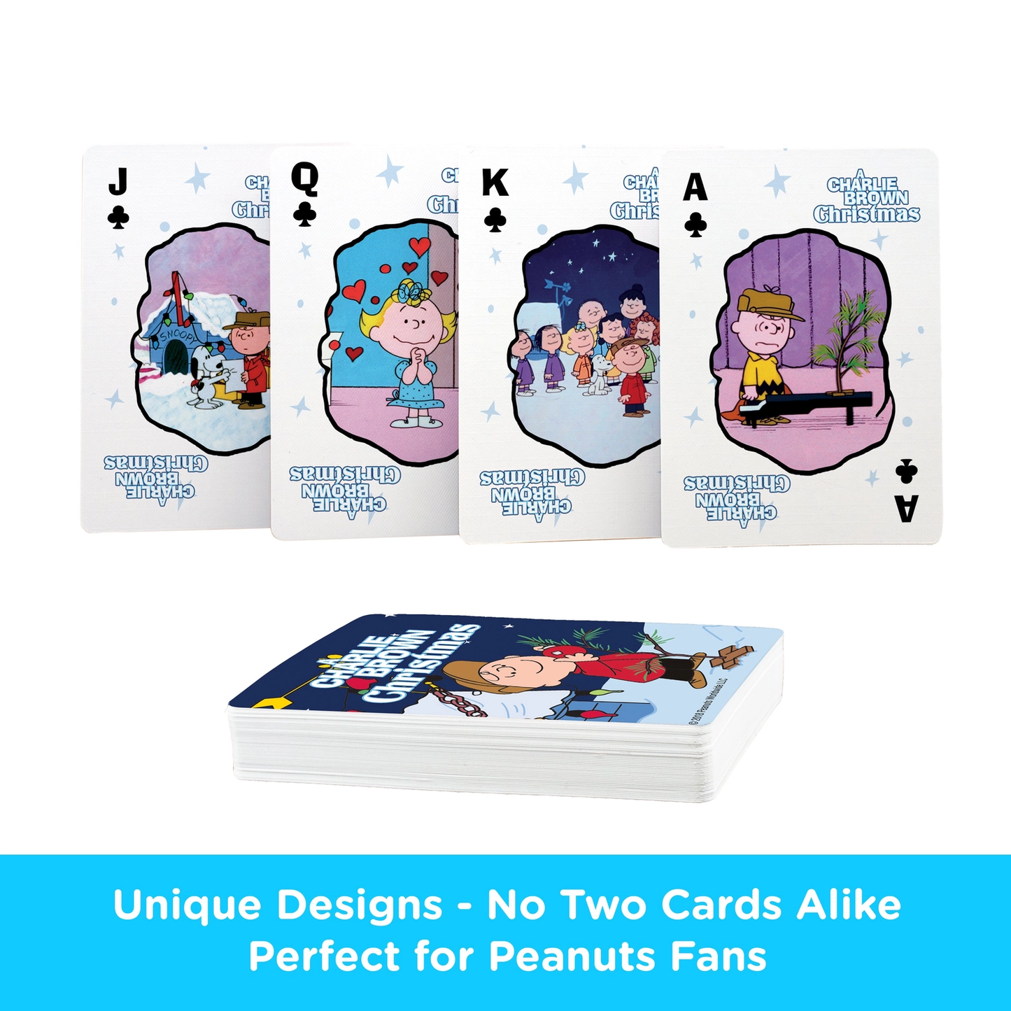 Peanuts Charlie Brown Christmas Playing Cards deck with four illustrated club cards on Tampa Home & Garden Store