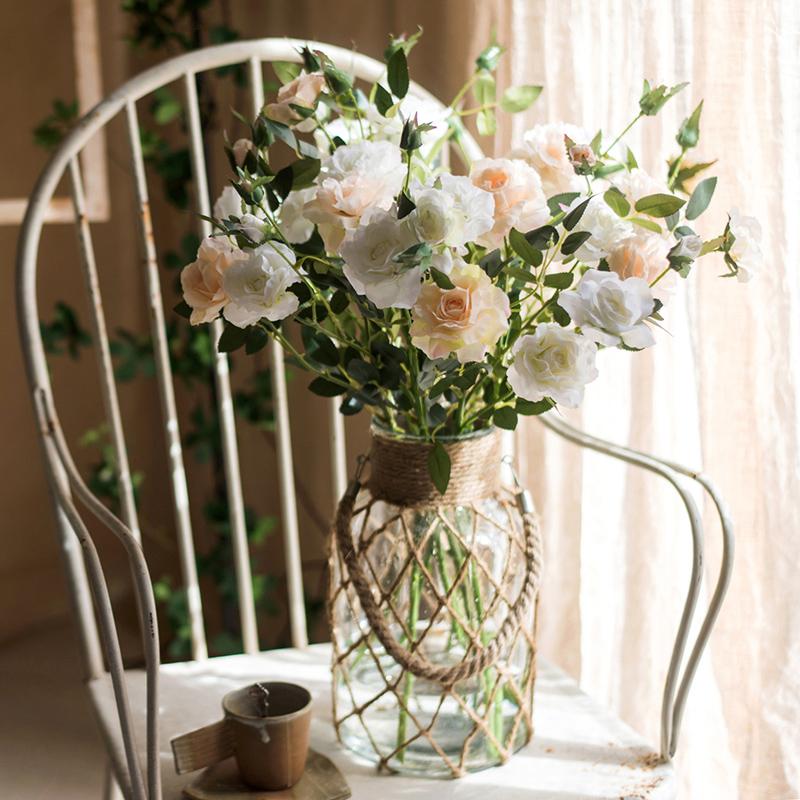 Artificial silk rose stem bouquet by RusticReach in glass vase wrapped rope, white and peach on Tampa Home & Garden Store