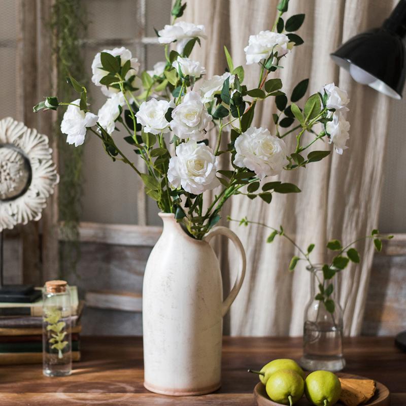 RusticReach Real-Touch blooming rose stem, 25in tall, white silk roses in cream ceramic pitcher on Tampa Home & Garden Store