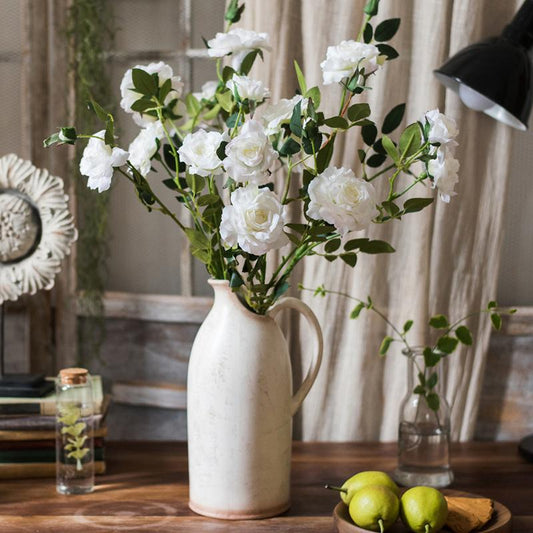 RusticReach Real-Touch blooming rose stem, 25in tall, white silk roses in cream ceramic pitcher on Tampa Home & Garden Store