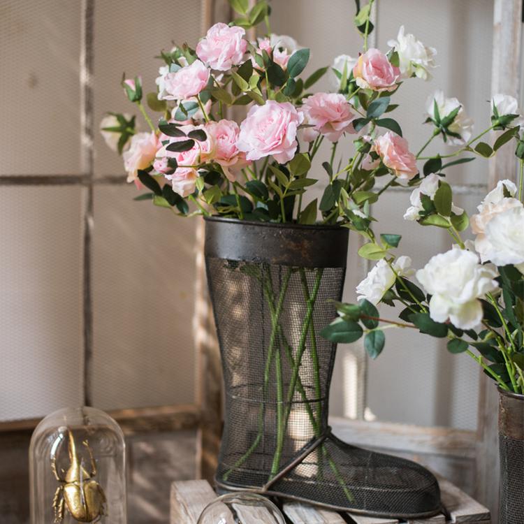 Faux Silk Real Touch Rose Stem in Pink, 25in tall artificial flowering plant in a mesh boot vase on Tampa Home & Garden Store