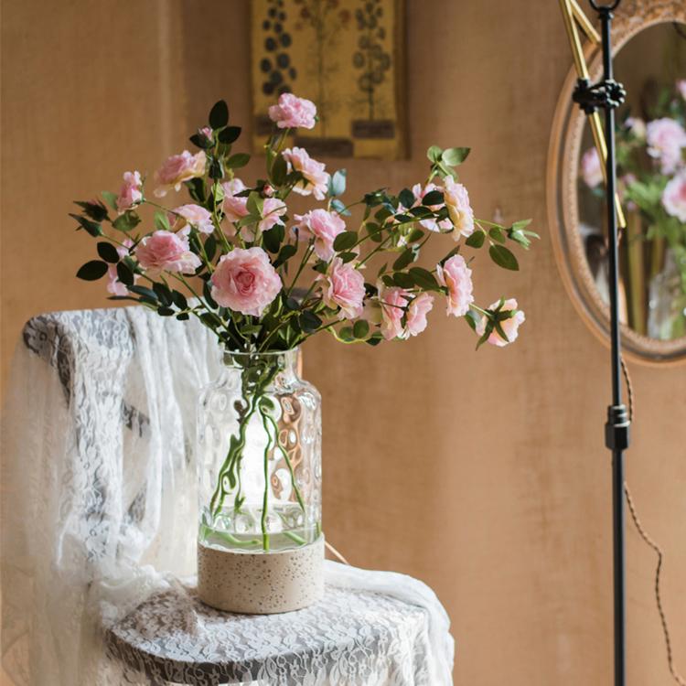Faux Silk Real Touch blooming rose stem pink, 25 inch tall, RusticReach in a clear glass vase on Tampa Home & Garden Store