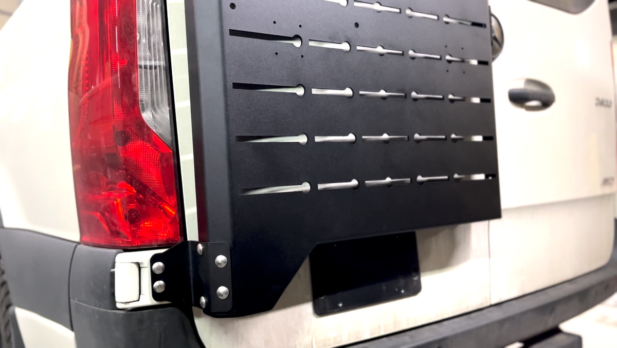 Avatar Sir Packs-a-lot storage mount on rear of vehicle, black metal panel with slotted holes on Tampa Home & Garden Store