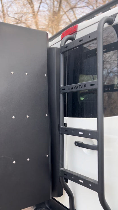 Avatar NV3500 rear ladder mounted on white SUV, black steel ladder with AVATAR branding on Tampa Home & Garden Store