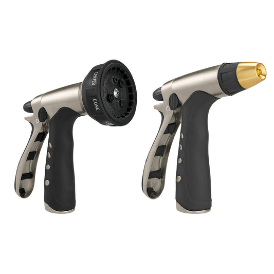 Orbit Irrigation metal rear-trigger hose nozzle set dual pack, silver/black with gold spray head on Tampa Home & Garden Store