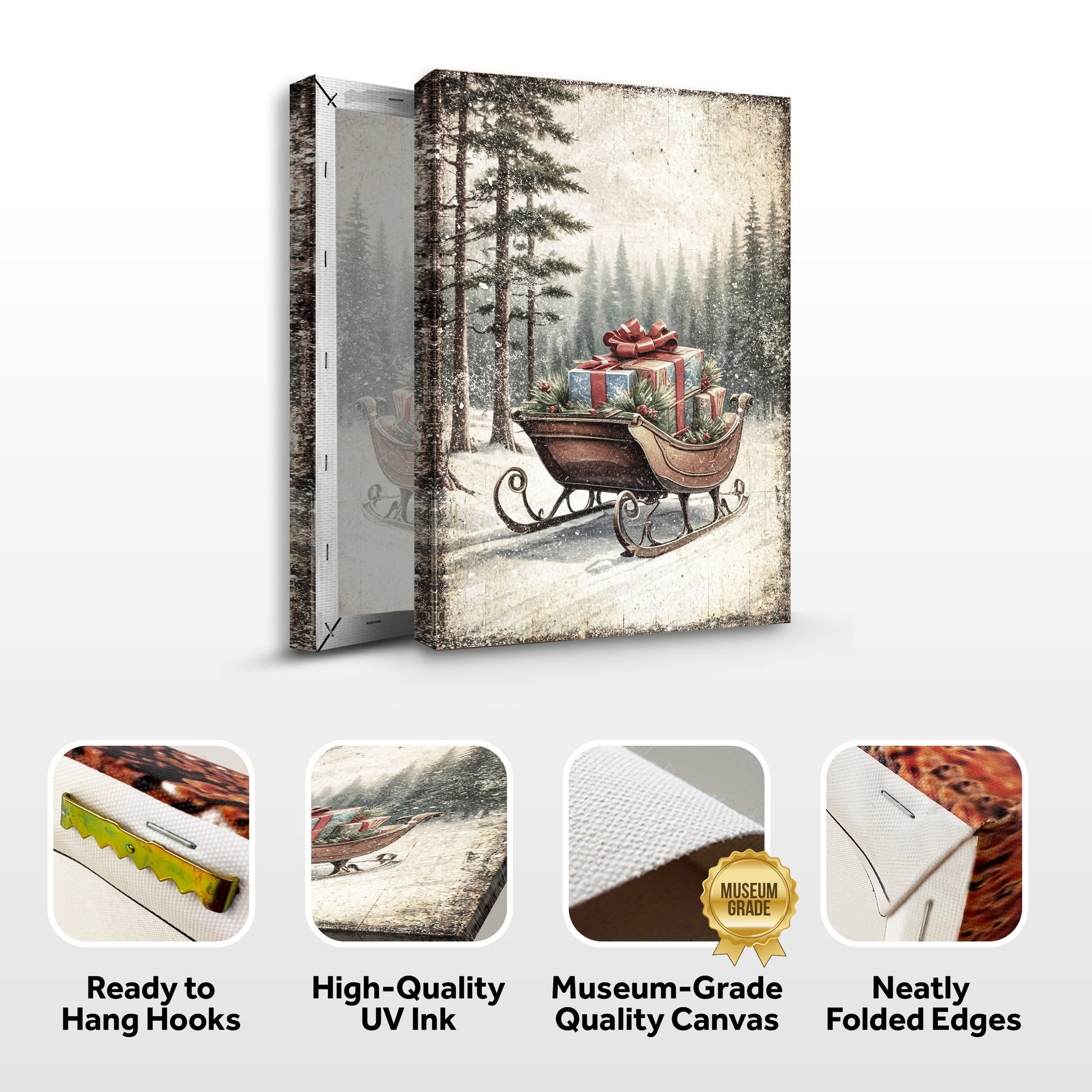 Vintage Christmas Sleigh Sled canvas wall art with wrapped presents in a snowy forest on Tampa Home & Garden Store