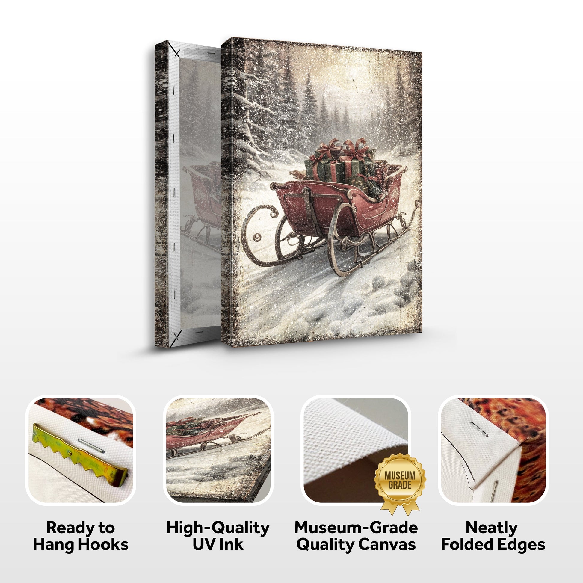 Vintage Christmas Sleigh Sled Wall Art IV Canvas Triptych by Tailored Canvases, snowy forest on Tampa Home & Garden Store