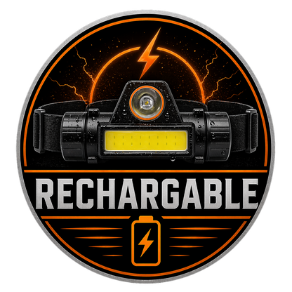Powerlite Versa headlamp, black with yellow LED panel on circular rechargeable badge on Tampa Home & Garden Store