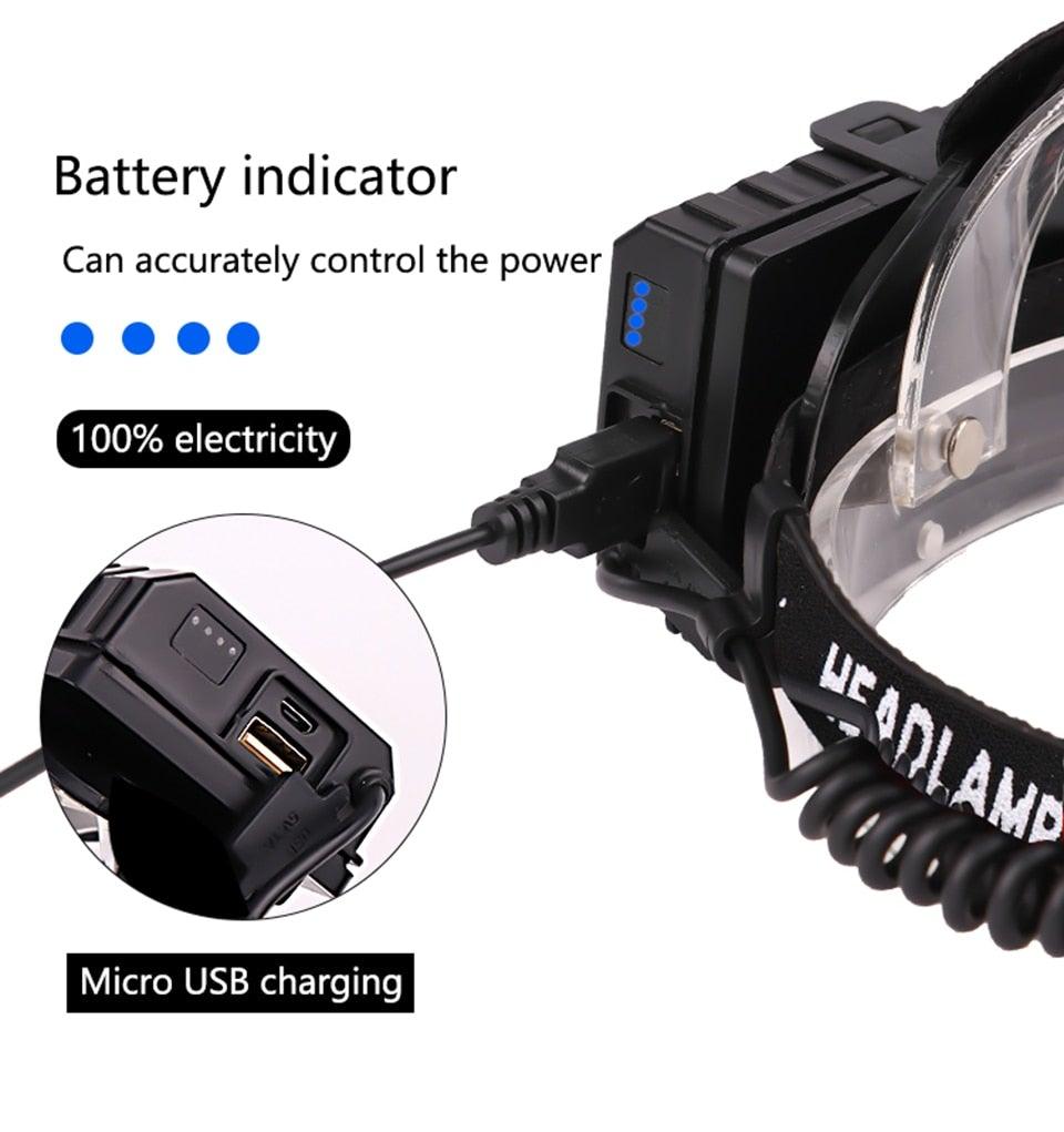 Stevvex headlamp with USB charging and battery indicator, black waterproof camping light on Tampa Home & Garden Store