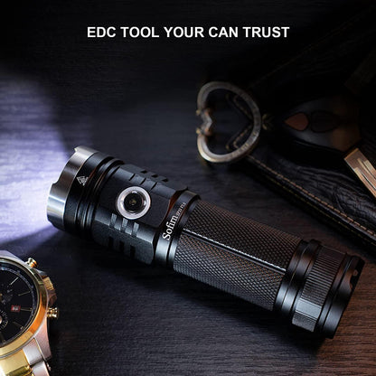 Stevvex rechargeable flashlight with black aluminum body and textured grip on Tampa Home & Garden Store