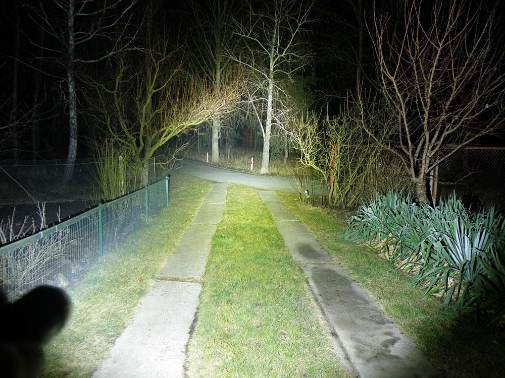 Rechargeable adjustable flashlight beam lighting a night garden path with shrubs on Tampa Home & Garden Store