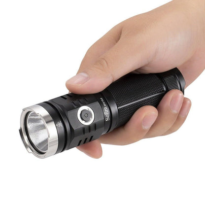 Stevvex pocket flashlight, black aluminum body with knurled grip and silver bezel on Tampa Home & Garden Store