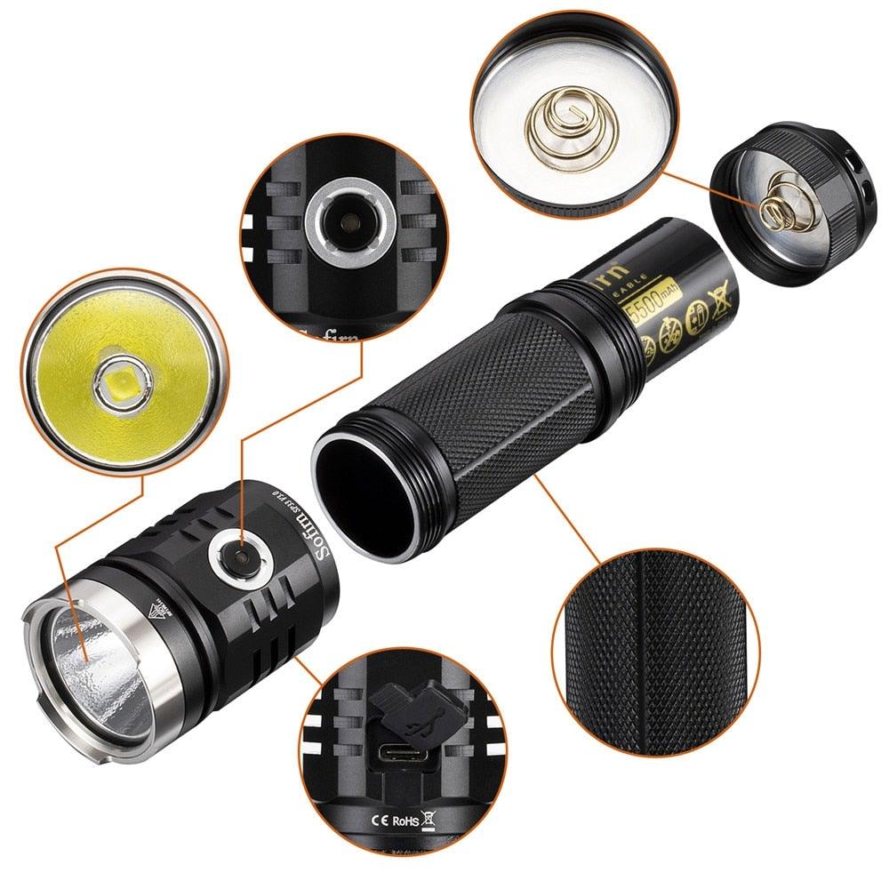 Rechargeable Stevvex flashlight with Cree LED, black body, USB charging, pocket size on Tampa Home & Garden Store