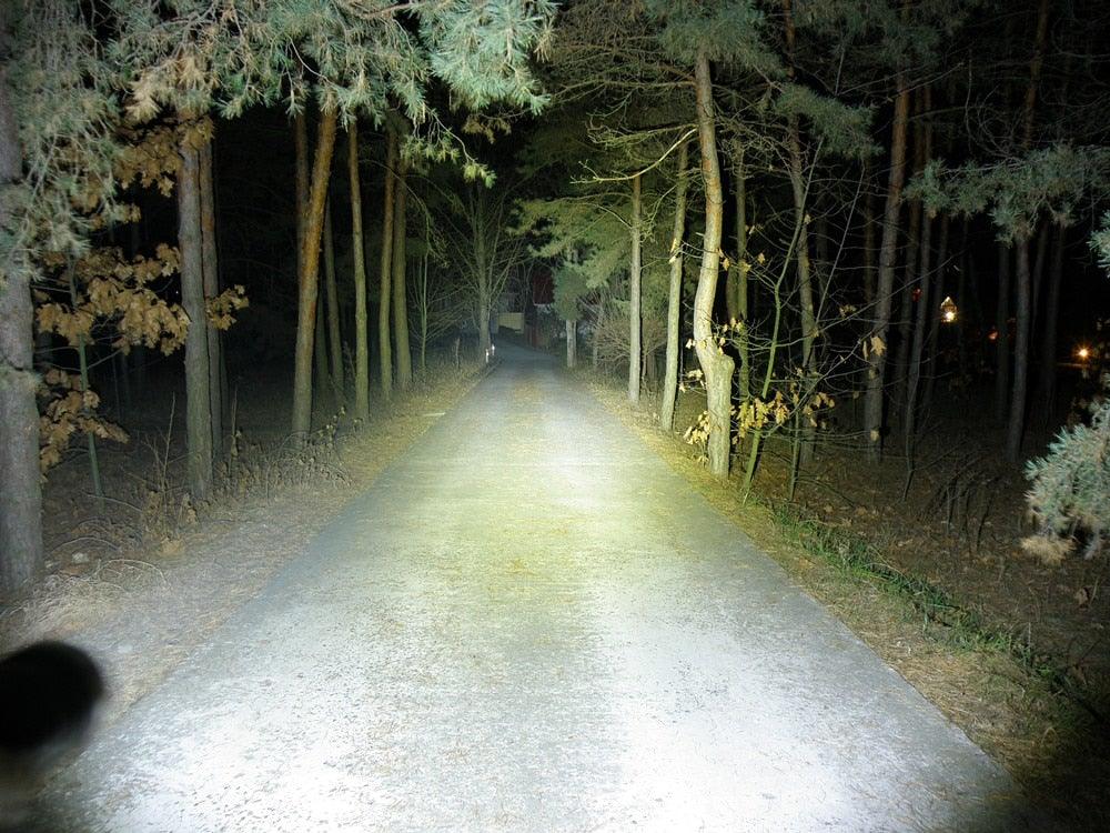 Stevvex pocket-size rechargeable flashlight with Cree LED, waterproof beam on forest road at night on Tampa Home & Garden Store