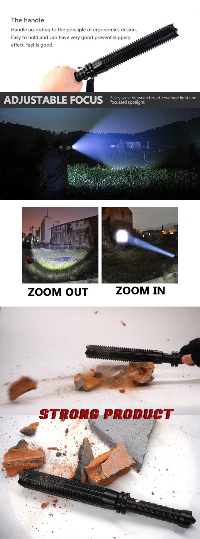 Rechargeable LED flashlight by Stevvex with black grip and zoomable focus for outdoor use on Tampa Home & Garden Store