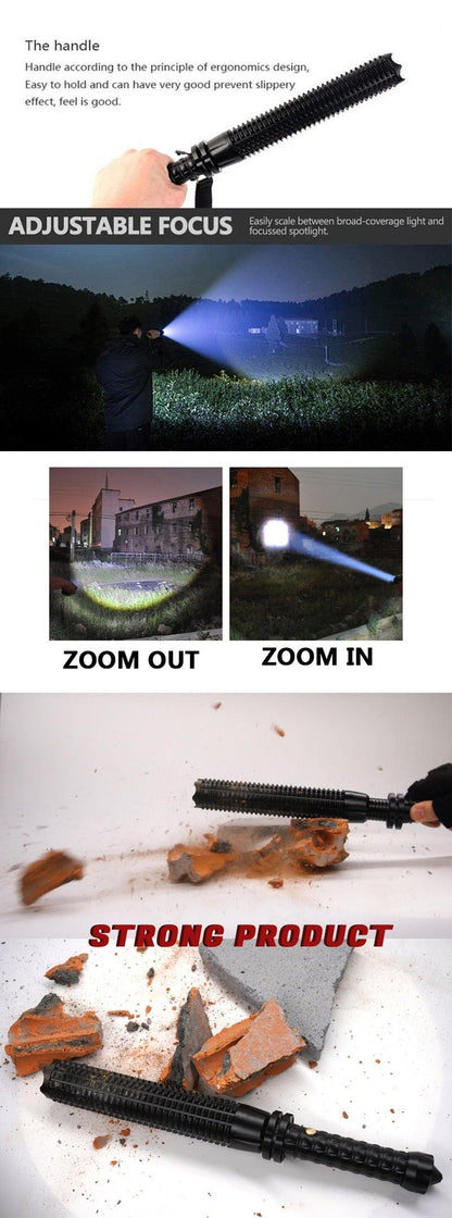 Rechargeable LED flashlight by Stevvex with black grip and zoomable focus for outdoor use on Tampa Home & Garden Store