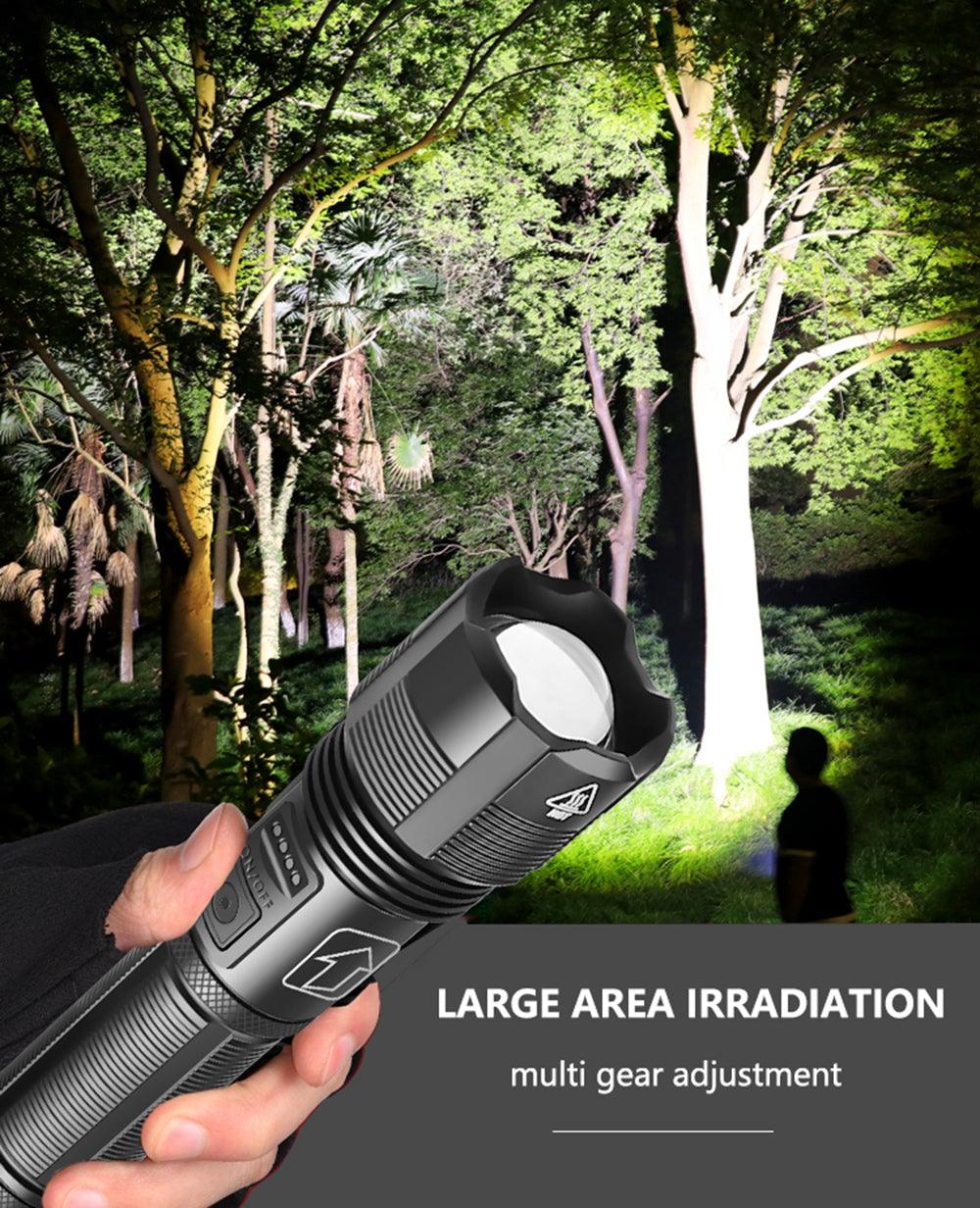 Stevvex rechargeable LED handheld flashlight in black metal with adjustable head on Tampa Home & Garden Store
