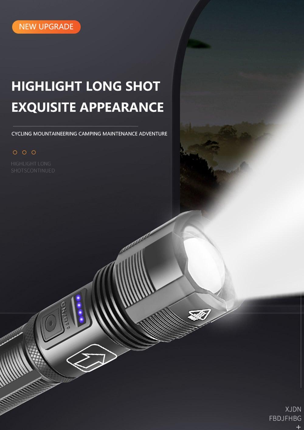 Stevvex rechargeable adjustable LED flashlight with blue battery display and rugged metal body on Tampa Home & Garden Store