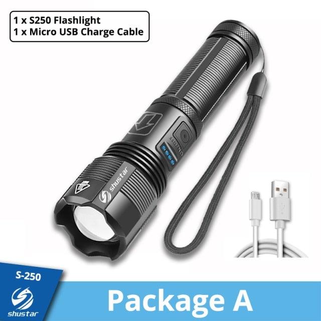 Shustar S-250 rechargeable LED flashlight with battery display, adjustable beam, 5 modes on Tampa Home & Garden Store