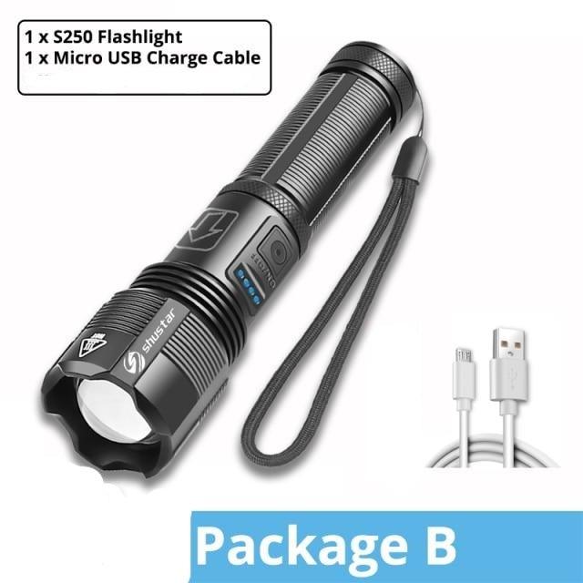 Stevvex S250 rechargeable LED flashlight with 1 x USB charging cable, black aluminum body on Tampa Home & Garden Store