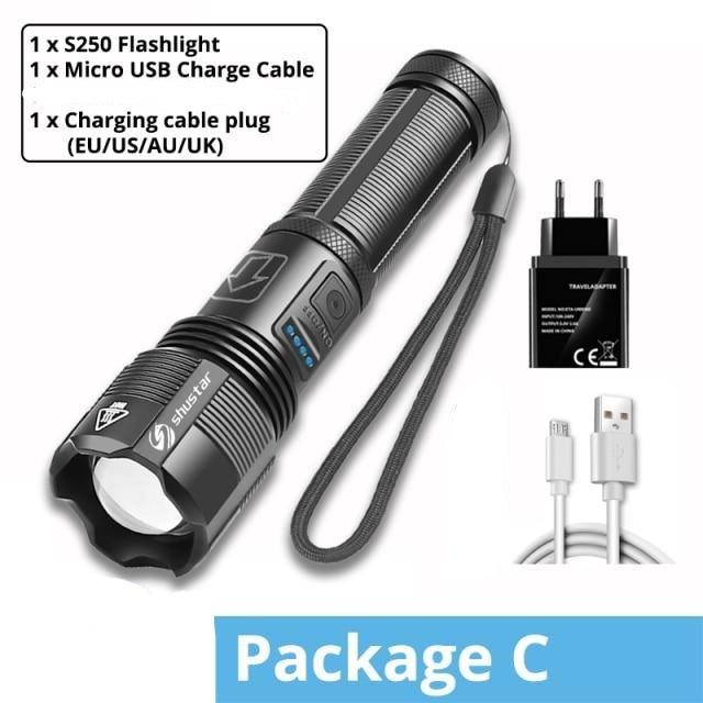 Stevvex flashlight with battery display, 5 modes, waterproof torch, USB charging cable on Tampa Home & Garden Store