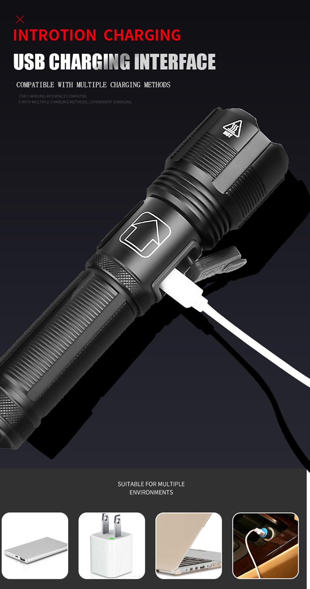 Stevvex black rechargeable LED flashlight with USB charging, rugged handheld torch on Tampa Home & Garden Store