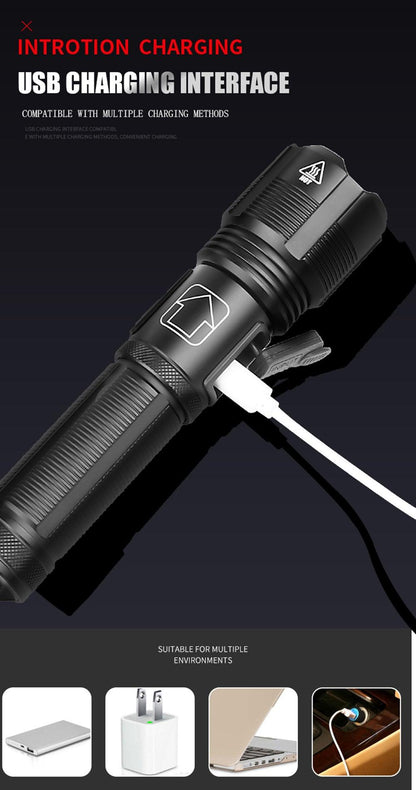 Stevvex black rechargeable LED flashlight with USB charging, rugged handheld torch on Tampa Home & Garden Store