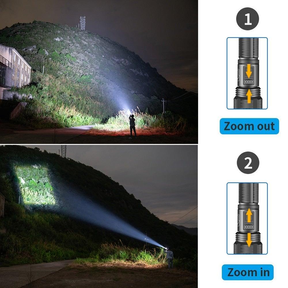 Stevvex handheld rechargeable LED flashlight with high lumen, battery display, 5 lighting modes on Tampa Home & Garden Store