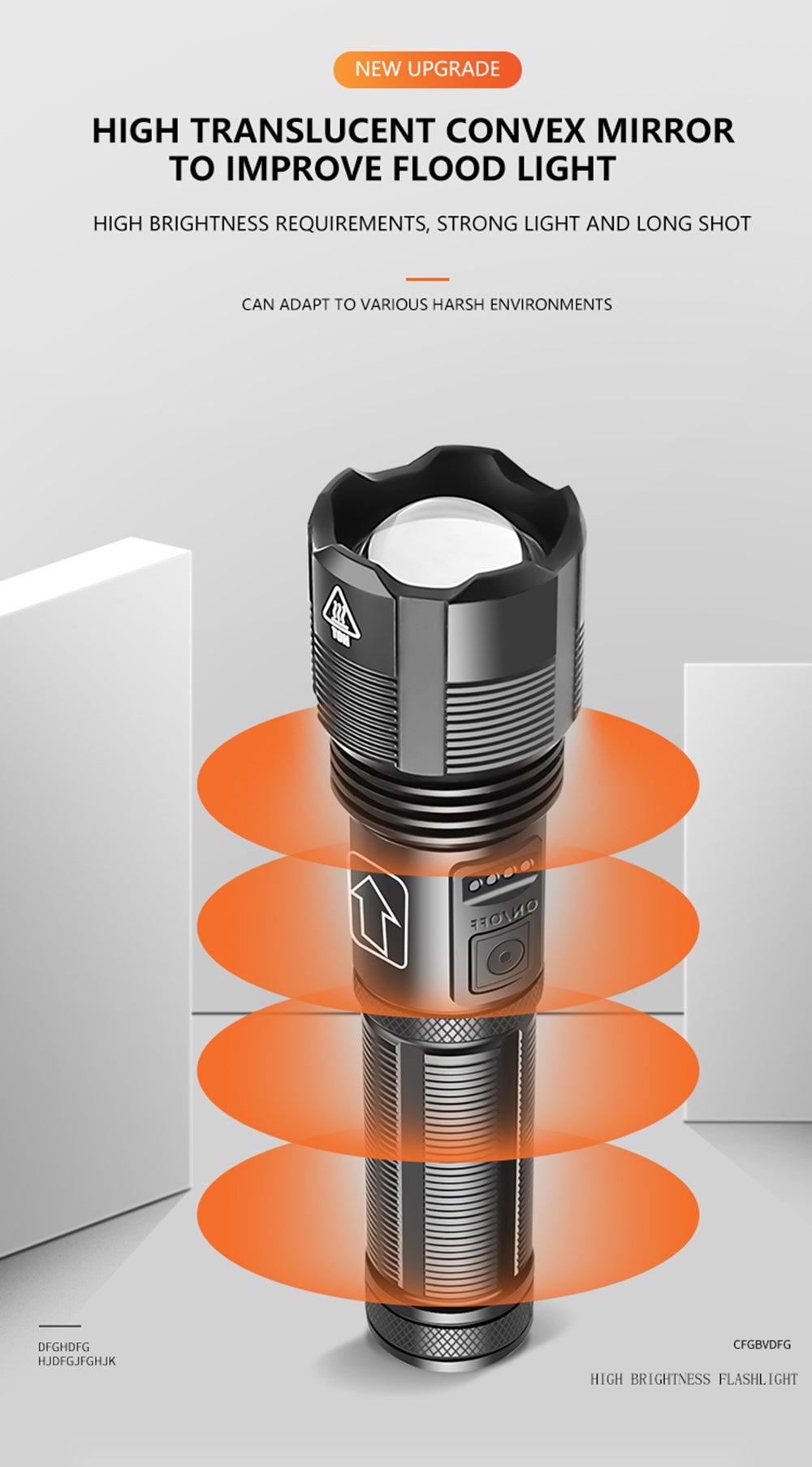 Rechargeable adjustable LED flashlight Stevvex, battery display, black handheld torch, 5 modes on Tampa Home & Garden Store