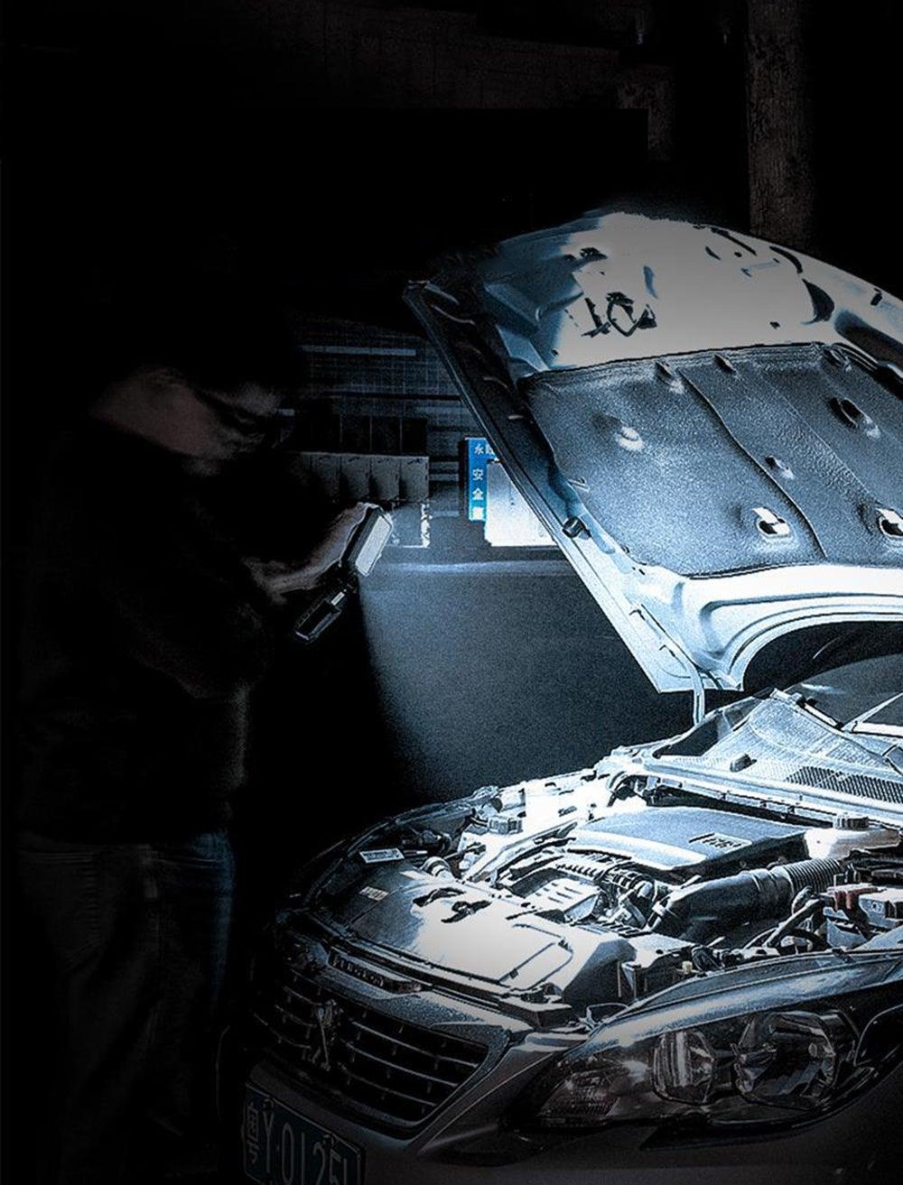 Rechargeable USB LED flashlight illuminating car engine under hood during repair on Tampa Home & Garden Store