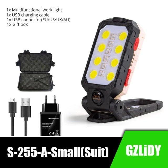 Rechargeable USB LED work light with LCD display and COB LEDs, camping flashlight with charger on Tampa Home & Garden Store