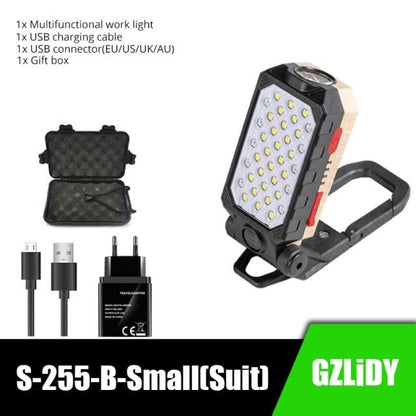 Stevvex USB LED work light with COB panel and adjustable stand; USB charger and case on Tampa Home & Garden Store