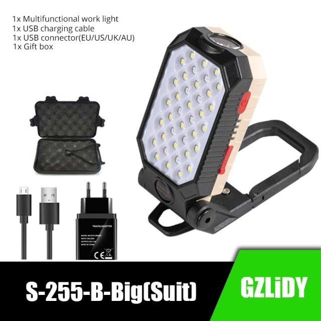 Stevvex rechargeable USB LED work light with LCD display and COB panel, black-beige body on Tampa Home & Garden Store