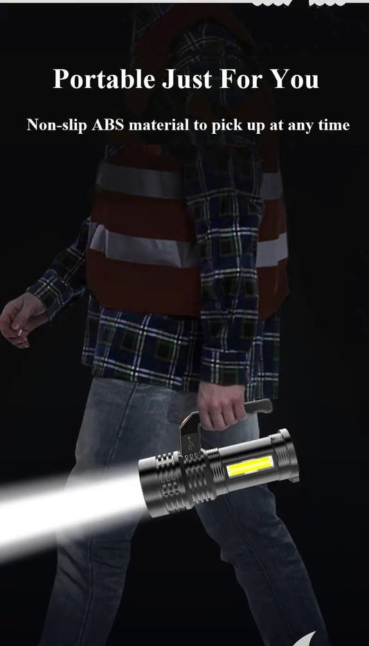 Stevvex handheld flashlight with black metal body, yellow LED panel and side grip, bright beam on Tampa Home & Garden Store