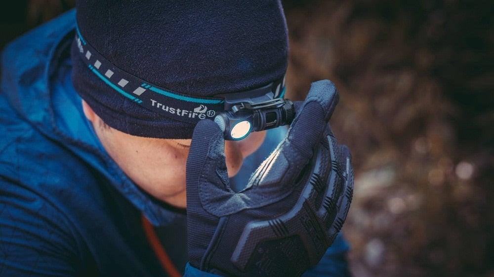 Stevvex headlamp with Cree XP-L HI LED, black TrustFire strap, rechargeable outdoor light on Tampa Home & Garden Store