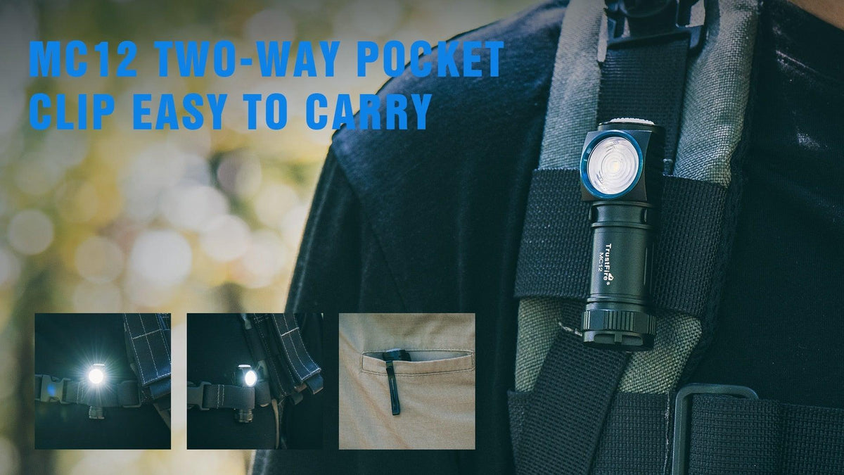 Rechargeable flashlight with blue bezel clipped to backpack strap TrustFire MC12 on Tampa Home & Garden Store