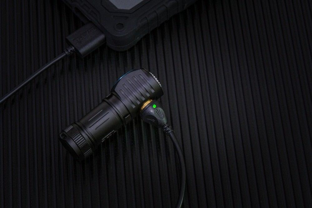 Stevvex black rechargeable handheld flashlight with USB charging and green indicator on Tampa Home & Garden Store