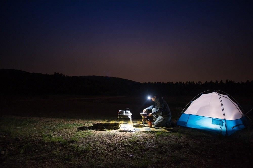 Stevvex LED headlamp with high lumen output, used at night camping bright beam on cooking area on Tampa Home & Garden Store