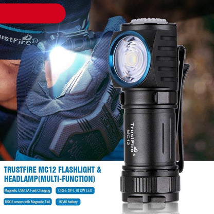 TrustFire MC12 flashlight & headlamp with blue bezel and black body magnetic tail on Tampa Home & Garden Store