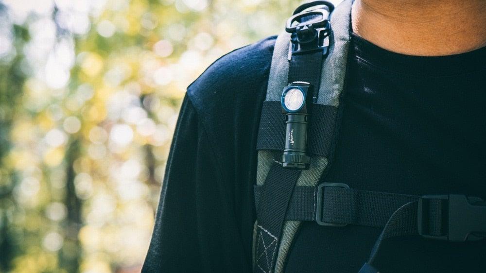Stevvex rechargeable headlamp flashlight on hiking chest strap, black body on Tampa Home & Garden Store