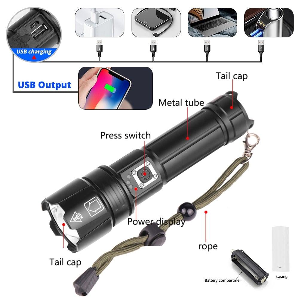 Stevvex rechargeable LED flashlight handheld torch with USB charging and lanyard on Tampa Home & Garden Store