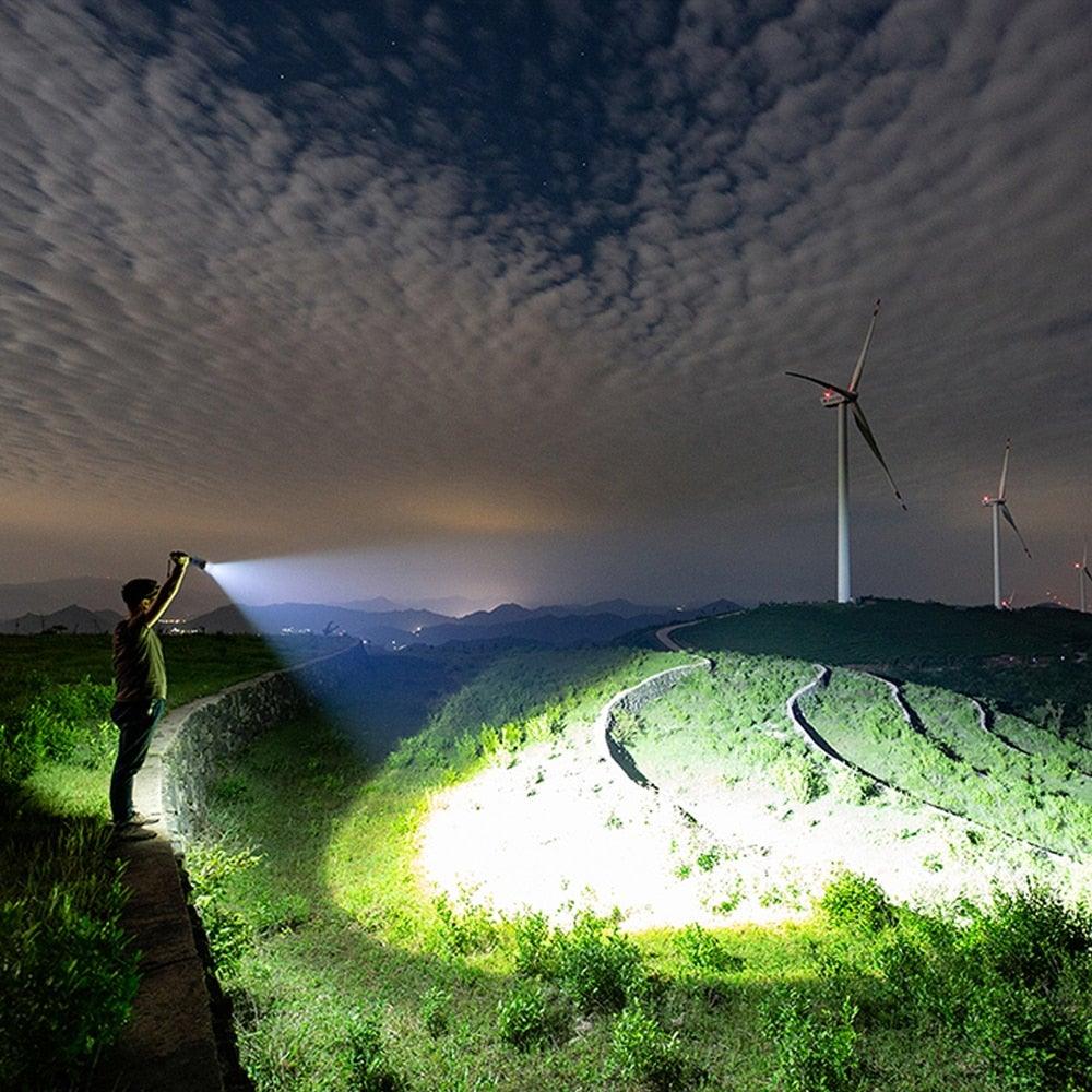 Stevvex rechargeable LED flashlight handheld torch lights a night landscape with wind turbines on Tampa Home & Garden Store