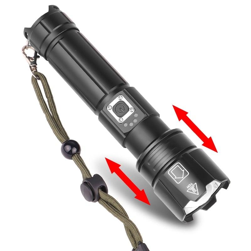 Stevvex rechargeable LED flashlight handheld torch, black with adjustable zoom and wrist strap on Tampa Home & Garden Store