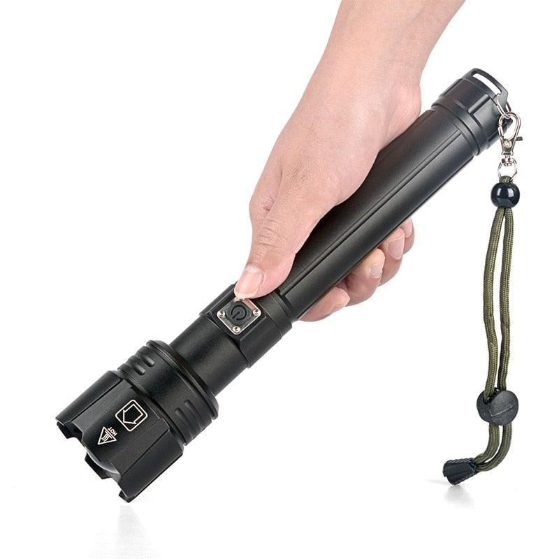Stevvex rechargeable LED flashlight black aluminum handheld with zoomable beam and green lanyard on Tampa Home & Garden Store