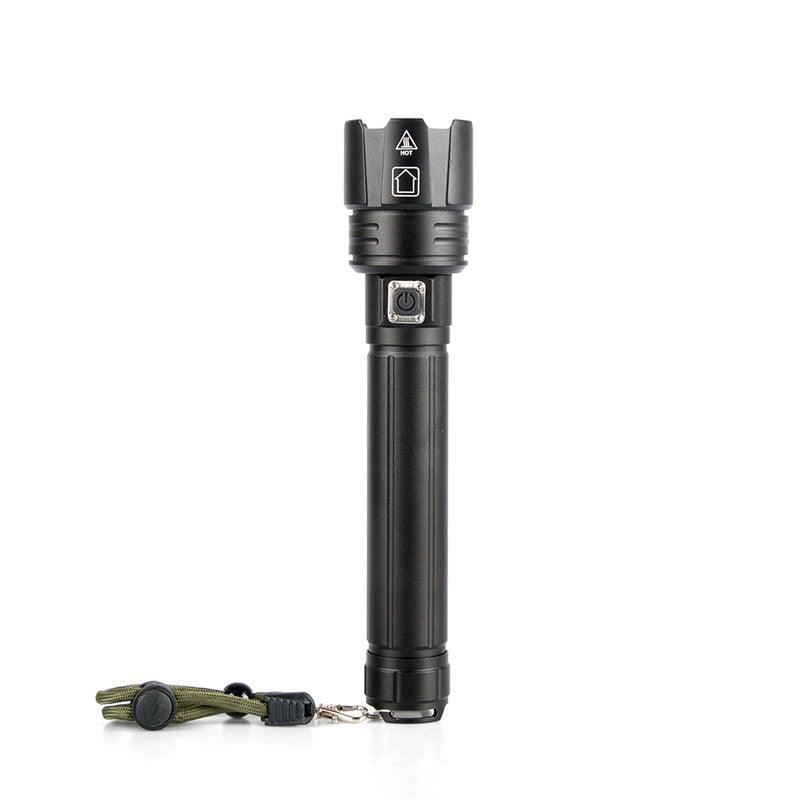 Stevvex rechargeable LED flashlight handheld torch, black with adjustable zoom and convenient lanyard on Tampa Home & Garden Store