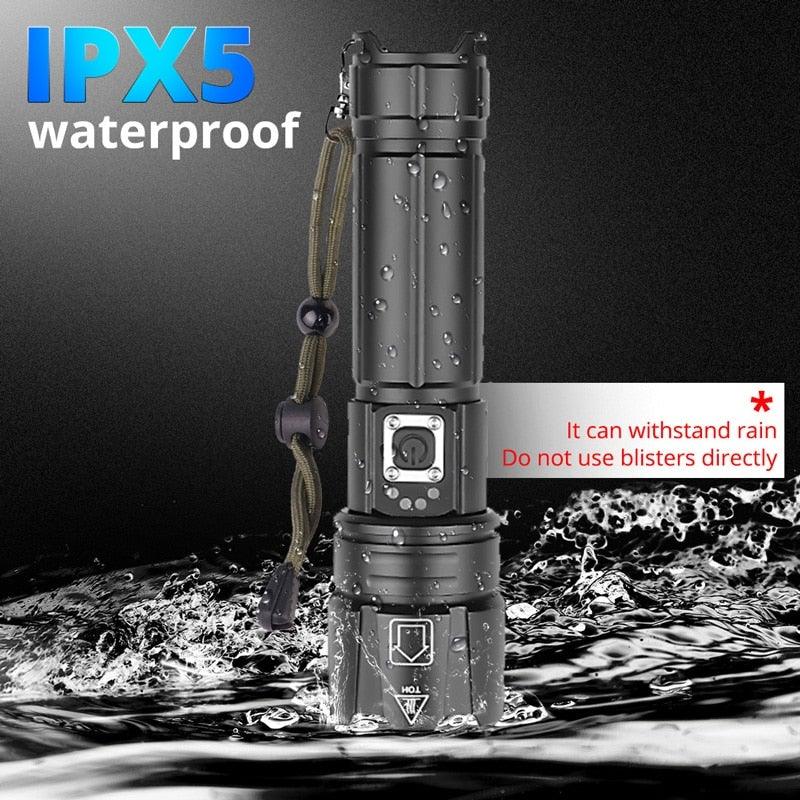 Rechargeable LED flashlight Stevvex black handheld with USB charging and adjustable zoom IPX5 on Tampa Home & Garden Store