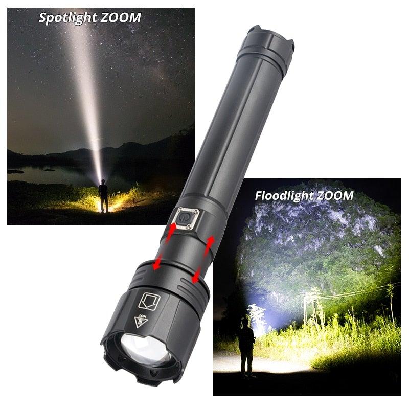 Rechargeable LED flashlight Stevvex handheld torch with zoomable beam and spotlight floodlight on Tampa Home & Garden Store